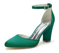 ENWIND Frauen Pumps Geschlossene Zehen Blockabsatz Brautschuhe Hochzeit Kleid Schuhe Mit Strass Schnalle,Grün,41 EU