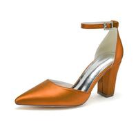 ENWIND Geschlossene Zehenabsätze Satin-Pumps Damen Knöchelriemen Blockabsätze Abendschuhe Für Schickes, Lässiges, Hochzeits-, Abend- Und Büro-Party-Outfit,Orange,36 EU