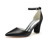ENWIND Geschlossene Zehenabsätze Satin-Pumps Damen Knöchelriemen Blockabsätze Abendschuhe Für Schickes, Lässiges, Hochzeits-, Abend- Und Büro-Party-Outfit,Schwarz,43 EU