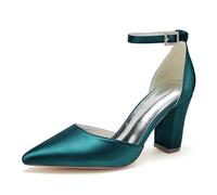 ENWIND Geschlossene Zehenabsätze Satin-Pumps Damen Knöchelriemen Blockabsätze Abendschuhe Für Schickes, Lässiges, Hochzeits-, Abend- Und Büro-Party-Outfit,Teal,43 EU