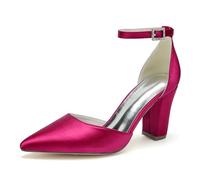 ENWIND Geschlossene Zehenabsätze Satin-Pumps Damen Knöchelriemen Blockabsätze Abendschuhe Für Schickes, Lässiges, Hochzeits-, Abend- Und Büro-Party-Outfit,Fuchsia,35 EU