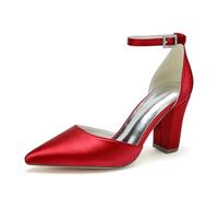 ENWIND Geschlossene Zehenabsätze Satin-Pumps Damen Knöchelriemen Blockabsätze Abendschuhe Für Schickes, Lässiges, Hochzeits-, Abend- Und Büro-Party-Outfit,Rot,42 EU
