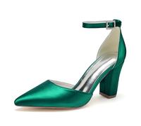 ENWIND Geschlossene Zehenabsätze Satin-Pumps Damen Knöchelriemen Blockabsätze Abendschuhe Für Schickes, Lässiges, Hochzeits-, Abend- Und Büro-Party-Outfit,Grün,36 EU