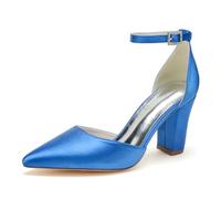 ENWIND Geschlossene Zehenabsätze Satin-Pumps Damen Knöchelriemen Blockabsätze Abendschuhe Für Schickes, Lässiges, Hochzeits-, Abend- Und Büro-Party-Outfit,Blau,42 EU