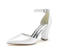 ENWIND Geschlossene Zehenabsätze Satin-Pumps Damen Knöchelriemen Blockabsätze Abendschuhe Für Schickes, Lässiges, Hochzeits-, Abend- Und Büro-Party-Outfit,Weiß,36 EU