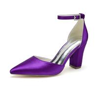 ENWIND Geschlossene Zehenabsätze Satin-Pumps Damen Knöchelriemen Blockabsätze Abendschuhe Für Schickes, Lässiges, Hochzeits-, Abend- Und Büro-Party-Outfit,Dark Purple,35 EU