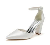 ENWIND Geschlossene Zehenabsätze Satin-Pumps Damen Knöchelriemen Blockabsätze Abendschuhe Für Schickes, Lässiges, Hochzeits-, Abend- Und Büro-Party-Outfit,Elfenbein,41 EU