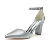 ENWIND Geschlossene Zehenabsätze Satin-Pumps Damen Knöchelriemen Blockabsätze Abendschuhe Für Schickes, Lässiges, Hochzeits-, Abend- Und Büro-Party-Outfit,Silber,43 EU