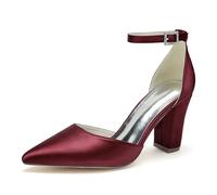 ENWIND Geschlossene Zehenabsätze Satin-Pumps Damen Knöchelriemen Blockabsätze Abendschuhe Für Schickes, Lässiges, Hochzeits-, Abend- Und Büro-Party-Outfit,Burgundy,41 EU