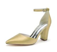 ENWIND Geschlossene Zehenabsätze Satin-Pumps Damen Knöchelriemen Blockabsätze Abendschuhe Für Schickes, Lässiges, Hochzeits-, Abend- Und Büro-Party-Outfit,Gold,41 EU