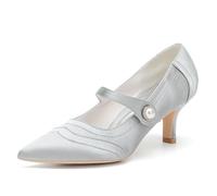 ENWIND Kitten Heels mit Knöchelriemen für Damen spitz zulaufenden, geschlossenen Zehen Brautschuhe Party Pumps,Silber,43 EU