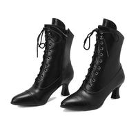 ENWIND Viktorianische Schnürstiefel Für Damen Kätzchen-Absatz Knöchel Stiefel Mit Reißverschluss,Schwarz,45 EU
