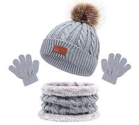 Enwokran 3 in 1 Kinder Beanie Wintermütze Schal Handschuhe Set,Verdicken Fleece Thermisch Warme Strickmütze Babymütze Handschuhe Runder Schal Set für Kinder Jungen Mädchen 2-6Jahre
