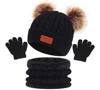 Enwokran Kinder Beanie Wintermütze Hut Schal Handschuhe Set, 3 Stück Verdicken Fleece Thermisch Warme Strickmütze Babymütze Handschuhe Runder Schal Set für Jungen Mädchen, 2-6Jahre
