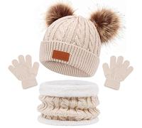 Enwokran Kinder Beanie Wintermütze Hut Schal Handschuhe Set, 3 Stück Verdicken Fleece Thermisch Warme Strickmütze Babymütze Handschuhe Runder Schal Set für Jungen Mädchen, 2-6Jahre