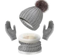 Enwokran Wintermütze Schal Touchscreen Handschuhe Set,Unisex Elastische Thermo Verdickte Beanie Mütze Warme Gebürstetes Futter Halswärmer Touchscreen Handschuhe 3 Stück für Kaltes Wetter (Grau)
