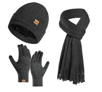 Enwokran Wintermütze Touchscreen Handschuhe Lang Schal Set Unisex Beanie Mütze Fleece Warme Haube Winterschal Kaschmir Strickmütze Strickschal mit Fleece Gefütterte Thermo Handschuhe (Dunkelgrau)