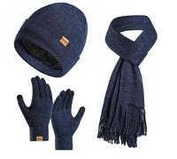 Enwokran Wintermütze Touchscreen Handschuhe Lang Schal Set Unisex Beanie Mütze Fleece Warme Haube Winterschal Kaschmir Strickmütze Strickschal mit Fleece Gefütterte Thermo Handschuhe (Marine)