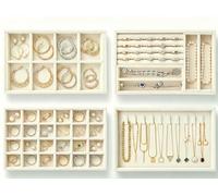 EONGOA 4er-Pack Sammet-Schmucktabletts stapelbar | Beige Schmuckschubladeneinsätze mit abnehmbaren Trennwänden für Ohrringe, Ringe, Halsketten & Armbänder