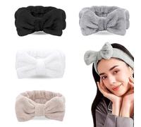 EOUIAV 4 Stück Spa Bowknot Haarbänder, Coral Fleece Makeup Bow Stirnband Elastic Cosmetic Stirnband zum Waschen der Gesichtsdusche Yoga Sport Hautpflege(Schwarz, Weiß, Grau, Khaki)