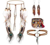 Eowppue Pack of 4 Hippie Schmuck, Feder Kopfschmuck, 70er Kleidung Damen, Vintage Boho Hippie Schmuck mit Kopfband Halskette, Stammes Kopfschmuck im Native American Stil B