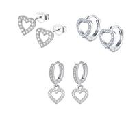 Epoch World 3 Paar 925 Sterling Silber Ohrringe Hängend Herz Creolen mit Anhänger Kreolen Ohrhänger mit Cubic Zirkonia Kleine Hypoallergen Tropfen Ohrringe Herz Silber Ohrstecker für Damen Mädchen