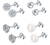 Epoch World 4 Paare Basic Damen Ohrringe 925 Sterling Silber Ohrringe mit Zirkonia Kristall Perlen Ohrstecker Set Kleine Kugel Ohrringe Stecker Ohrringe für Damen Frauen Mädchen