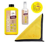 EQUIPASO Premium Lederpflege Set | B&E Lederöl 1 Liter hell + B&E Lederfett farblos 100 ml + B&E Multi Cleaner 95 ml + Premium Mikrofasertuch | reinigt & pflegt Sättel, Zaumzeug