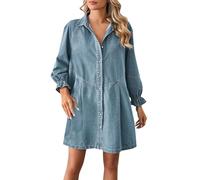 EQWIGKEIT Hemdkleid Damen Casual Knielang Jeanshemd Kleid Kurzarm Frühlingskleid Button Down Hemdblusenkleid Locker Sommerkleid Oversized Tunikakleid Sommer Freizeitkleid Blusenkleid