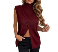 EQWIGKEIT Strick Pullunder Damen Ärmellos Rundhals Strickweste Rollkragen Ärmellos Locker Gestrickte Weste Mit Stehkragen Und Schrägschlitz Stricktop, Strickpullover Für Layering Freizeit Oberteil