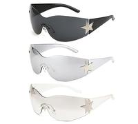 ERFGT Y2K Randlose Sonnenbrille - 3 Stück Wraparound Punk One Piece Sonnenbrille mit Sternform-Tag für den Außenbereich, Sonnenschutz im Sommer, Alltagskleidung