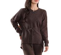 ERFMFKL Damen-Pullover mit Kordelzug, lockerer Schnitt, Rundhalsausschnitt, weicher Strickpullover, Top, lässiger Pullover, Dunkelbraun, Grau, Größe 9, L