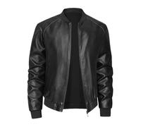 ERFMFKL Klassische Lederjacke für Herren, Stehkragen, einfarbig, lässiger Motorradmantel, PU-Lederjacken, Schwarz , XXL