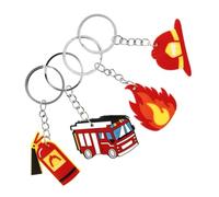 ERINGOGO 4 Stück Teiliges Feuerwehr Schlüsselanhänger mit Feuerwehrhelm Feuerlöscher Feuerwehrauto und Flamme Dekorativer Robuster Metallanhänger für Schlüssel Taschen und Rucksäcke