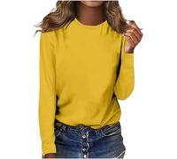 eripptes angarmshirt Damen Damen T-Shirt mit Rundhalsausschnitt, Langen Ärmeln, einfarbig, lässig Damen T Shirt angarm (Yellow, M)