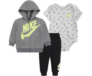 Erstausstattungspaket NIKE SPORTSWEAR "JDI TOSS 3PC FZ PANT SET", Mädchen, Gr. 74 (9), schwarz-weiß (grau, schwarz, weiß), Sweatware, Obermaterial: 60% Baumwolle, 40% Polyester, KOB Set-Artikel Erstau
