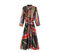ERTGHH lyq Langärmeliges Kleid Damen Mode Bedrucktes Saumkleid Vintage Damen Langarm Revers Gürtel mit Schleifenknöpfen Kleider (Farbe: Schwarz, Größe: Medium)