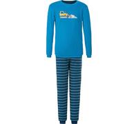 Erwin Müller Kinder-Schlafanzug Frottee Bagger blau Größe 110/116 - mit Gummibund, elastische Bündchen, pflegeleicht und formbeständig