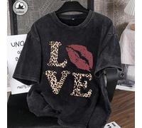 Es Trus Plus Baumwolle Sommer Damen Leoparden Muster "Love & Lips" personalisiertes grafisches T-Shirt, Straßen Casual Retro Chic Pendler Y2K Stil, re