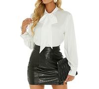 Escalier Damen-Seidenbluse, langärmelig, mit Schleife am Hals, Button-Down-Shirts, lässig, Büro, Arbeit, Bluse, Tops, Weiss/opulenter Garten, Groß