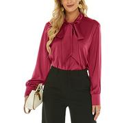 Escalier Damen-Seidenbluse, langärmelig, mit Schleife am Hals, Button-Down-Shirts, lässig, Büro, Arbeit, Bluse, Tops, Weinrot, Groß