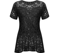 Eshoppingwarehouse Damen kurzärmliges Spitzen-Top mit Pailletten, Schößchen, Rüschen, Rundhalsausschnitt Gr. 40, Schwarz
