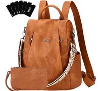 Eshow Rucksack Damen Klein, Anti-Diebstahl Elegant Cityrucksack, Wasserdichter Tagesrucksack Veganes Leder, Rucksacktasche mit Clutchbag RFID Blocker Modern für Pendeln Schule Arbeit Reise Braun