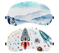 Eslifey 2 Stück Augenmasken, Weltraum, Cartoon, Raketen, Planeten, Sterne, Kometen, UFO-Muster, Augen-Schlafschutz, mit verstellbarem Riemen zum Schlafen und Reisen