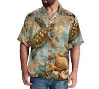 Eslifey Herren Kurzarm Hawaiihemd Sommer Urlaub Shirts Meeresschildkröte Seestern Vintage Karte, mehrfarbig, 3XL