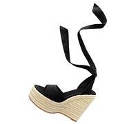 Espadrilles Damen-Sandalen, Keilabsatz, offener Zehenbereich, Schnürung, Plateau, Knöchelriemen, Sommerkleidschuhe, Schwarz, 36 EU