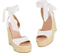 Espadrilles Damen-Sandalen, Keilabsatz, offener Zehenbereich, Schnürung, Plateau, Knöchelriemen, Sommerkleidschuhe, Weiss/opulenter Garten, 37 EU