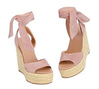 Espadrilles Damen-Sandalen, Keilabsatz, offener Zehenbereich, Schnürung, Plateau, Knöchelriemen, Sommerkleidschuhe, Pink, 42 EU