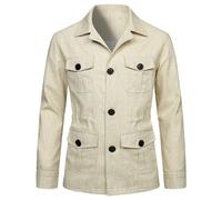 EsukAr Herren Leichte Safari Jacke Lässig Leinen Knopf Bis Multi-Pocket Cargo-Mantel Oberbekleidung,Beige,4XL