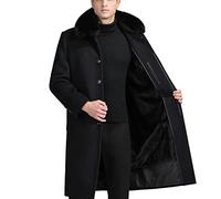 EsukAr Herren Winter Wollmäntel Pelzkragen Trenchcoat Freizeit-/Geschäftsmantel Einreihig, Lang, Peacoat, Mantel,S-6XL,Black fleece lining,3XL